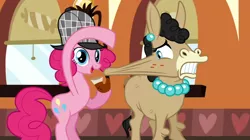 Size: 1050x590 | Tagged: safe, derpibooru import, screencap, mulia mild, pinkie pie, donkey, earth pony, hybrid, mule, pony, mmmystery on the friendship express, bubble pipe, deerstalker, duo, ear piercing, earring, female, hat, jewelry, mare, necklace, pearl necklace, piercing