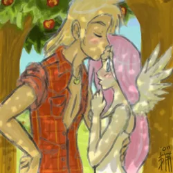 Size: 600x600 | Tagged: safe, artist:littlebakeneko, derpibooru import, big macintosh, fluttershy, human, female, fluttermac, humanized, kissing, light skin, male, shipping, straight, winged humanization