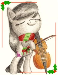 Size: 600x772 | Tagged: safe, artist:flutterluv, derpibooru import, octavia melody, pony, bipedal, cello, christmas, clothes, holly, musical instrument, scarf, solo, traditional art