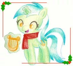 Size: 600x539 | Tagged: artist:flutterluv, christmas, clothes, derpibooru import, holly, lyra heartstrings, lyre, magic, safe, scarf, solo, traditional art