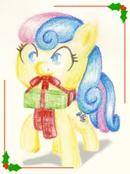 Size: 600x808 | Tagged: artist:flutterluv, bon bon, christmas, derpibooru import, holly, mouth hold, safe, solo, sweetie drops, traditional art