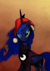 Size: 800x1140 | Tagged: safe, artist:hewison, derpibooru import, princess luna, alicorn, pony, christmas, clothes, cute, female, hat, holiday, lunabetes, mare, santa hat, solo, sweater, wink