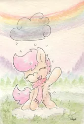 Size: 686x1004 | Tagged: artist:slightlyshade, clothes, cloud, derpibooru import, safe, scarf, scootaloo, snow, snowfall, solo, traditional art