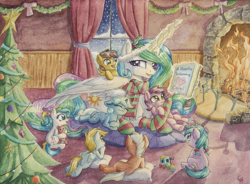 Size: 1024x752 | Tagged: safe, artist:the-wizard-of-art, derpibooru import, princess celestia, oc, alicorn, earth pony, pegasus, pony, unicorn, :3, book, christmas, christmas tree, clothes, colt, cuddling, cute, cutelestia, filly, fireplace, floppy ears, hat, heart, hearth's warming, holiday, holly, hug, levitation, lidded eyes, magic, male, missing accessory, momlestia, ocbetes, on top, open mouth, orphanage, prone, santa hat, scarf, side, sitting, smiling, snow, snowfall, socks, striped socks, sweet dreams fuel, telekinesis, traditional art, tree, underhoof, watercolor painting, window, wing fluff