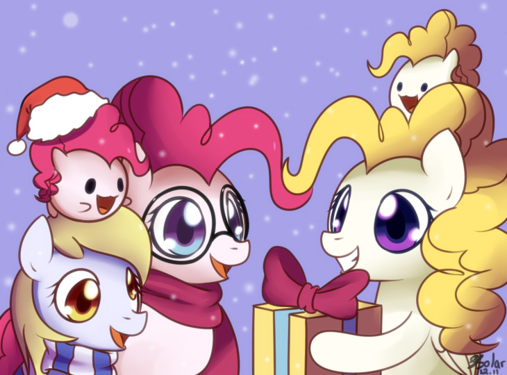 Size: 730x540 | Tagged: safe, artist:solar-slash, derpibooru import, derpy hooves, pinkie pie, surprise, ask pinkie pie solutions, g1, blob, bow, christmas, chubby, clothes, dreamy, glasses, hat, present, santa hat, scarf, self ponidox, snow, snowfall, younger