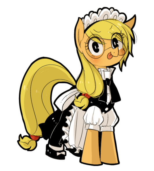 Size: 532x591 | Tagged: safe, artist:umeguru, derpibooru import, applejack, clothes, cute, glasses, jackabetes, maid, maidjack, pixiv, simple background, solo, tongue out