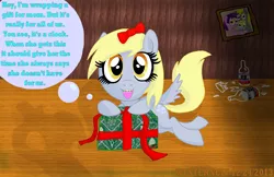 Size: 3226x2090 | Tagged: safe, artist:westernciv, derpibooru import, derpy hooves, pegasus, pony, braces, christmas, cute, everclear, feels, female, mare, solo, this will end in tears, vodka, wat