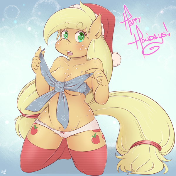 Size: 1000x1000 | Tagged: anthro, applejack, artist:balooga, blushing, breasts, busty applejack, christmas, clothes, derpibooru import, female, freckles, hat, heart eyes, kneeling, looking at you, nudity, open mouth, panties, pubic fluff, ribbon, santa hat, solo, solo female, strategically covered, suggestive, thigh highs, underwear, wingding eyes