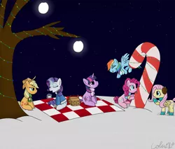 Size: 1500x1275 | Tagged: safe, artist:colinmlp, derpibooru import, applejack, fluttershy, pinkie pie, rainbow dash, rarity, twilight sparkle, basket, blanket, boots, candy, candy cane, christmas, christmas lights, clothes, cup, earmuffs, holiday, licking, magic, mane six, moon, night, scarf, snow, tongue out, tree, winter