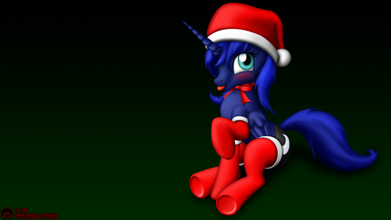 Size: 1920x1080 | Tagged: safe, artist:tsaritsaluna, derpibooru import, princess luna, alicorn, pony, :p, blushing, christmas, clothes, costume, cute, female, gradient background, hat, holiday, lunabetes, mare, neck bow, s1 luna, santa costume, sitting, socks, solo, tongue out