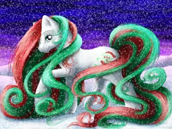 Size: 1024x768 | Tagged: safe, artist:flyingpony, derpibooru import, merry treat, g1, snow, snowfall, solo