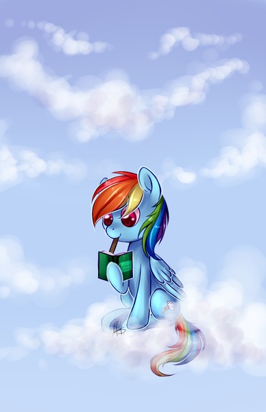 Size: 1242x1920 | Tagged: safe, artist:ghst-qn, artist:schasti, derpibooru import, rainbow dash, pegasus, pony, book, cloud, cloudy, colored pupils, diary, mouth hold, pencil, sky, solo, writing