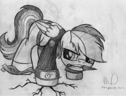 Size: 1024x783 | Tagged: safe, artist:drawponies, derpibooru import, rainbow dash, crossover, monochrome, naruto, solo