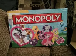 Size: 958x718 | Tagged: safe, derpibooru import, applejack, fluttershy, pinkie pie, rainbow dash, rarity, twilight sparkle, hatless, irl, merchandise, missing accessory, monopoly, my little pony logo, photo