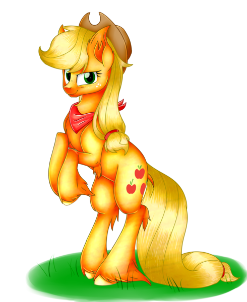 Size: 2450x3000 | Tagged: applejack, artist:shyshyoctavia, bandana, derpibooru import, hooves, rearing, safe, solo, unshorn fetlocks