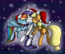 Size: 1280x1067 | Tagged: safe, artist:lightningnickel, derpibooru import, applejack, rainbow dash, rarity, appledash, female, kiss on the cheek, kiss sandwich, kissing, lesbian, mistletoe, raridash, rarijack, rarijackdash, shipping