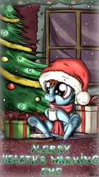 Size: 2160x3840 | Tagged: safe, artist:neko-me, derpibooru import, rainbow dash, christmas, christmas tree, cute, dashabetes, filly, filly rainbow dash, hat, holiday, hot chocolate, mug, present, santa hat, solo, tree, window