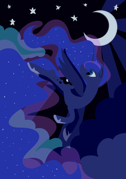 Size: 1280x1810 | Tagged: dead source, safe, artist:ectobling, derpibooru import, princess luna, crescent moon, flying, night, solo, stars