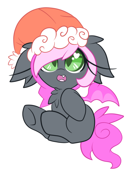 Size: 2229x2846 | Tagged: safe, artist:starlightlore, derpibooru import, oc, oc:heartbeat, unofficial characters only, bat pony, pony, blank flank, cute, fangs, floppy ears, fluffy, happy, hat, heart eyes, looking at you, open mouth, santa hat, simple background, smiling, solo, transparent background, underhoof