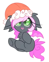 Size: 2229x2846 | Tagged: safe, artist:starlightlore, derpibooru import, oc, oc:heartbeat, unofficial characters only, bat pony, pony, blank flank, cute, fangs, floppy ears, fluffy, happy, hat, heart eyes, looking at you, open mouth, santa hat, simple background, smiling, solo, transparent background, underhoof