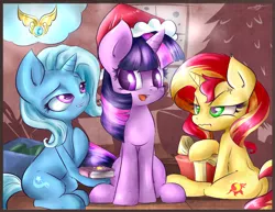 Size: 4850x3750 | Tagged: safe, artist:kyodashiro, derpibooru import, sunset shimmer, trixie, twilight sparkle, alicorn, pony, unicorn, angry, atryl-ish, book, christmas, christmas tree, colored pupils, counterparts, cute, diatrixes, female, frown, glare, grin, hat, holiday, lesbian, magical trio, open mouth, present, santa hat, shimmerbetes, shipping, sitting, smiling, style emulation, tree, twiabetes, twilight's counterparts, twixie