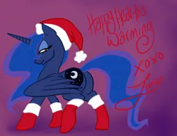 Size: 1000x767 | Tagged: artist:bux, bedroom eyes, clothes, derpibooru import, female, hat, looking at you, looking back, plot, princess luna, raised leg, santa hat, smiling, socks, solo, solo female, spread wings, suggestive
