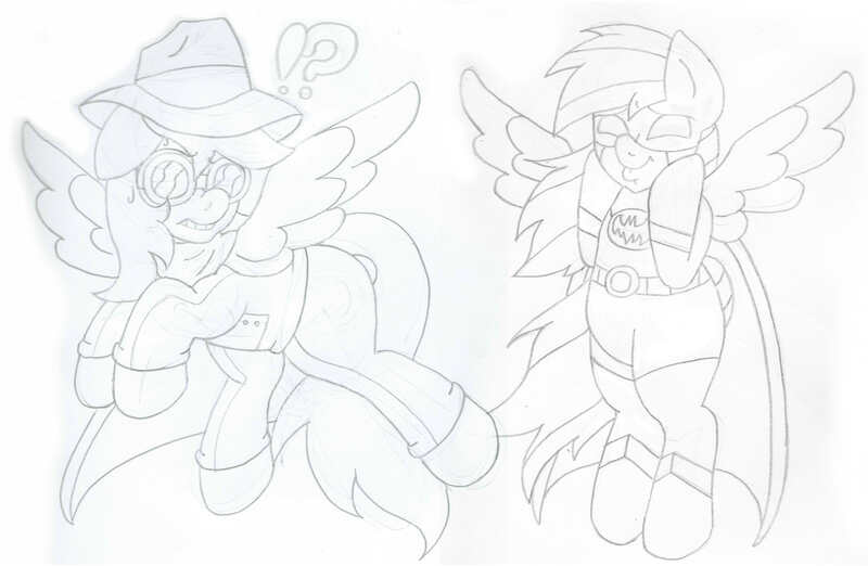 Size: 2043x1332 | Tagged: artist:blackbewhite2k7, batman, batman the animated series, beware the gray ghost, crossover, daring do, derpibooru import, gray ghost, monochrome, parody, preview, rainbow dash, safe, sketch, so awesome, the gray ghost, wip