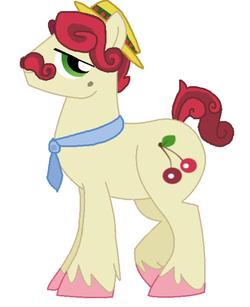 Size: 568x695 | Tagged: safe, artist:bronybase, artist:starryoak, derpibooru import, cherry jubilee, earth pony, pony, hat, moustache, necktie, rule 63, simple background, solo, transparent background, unshorn fetlocks