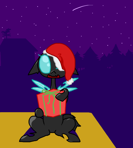 Size: 606x674 | Tagged: safe, artist:the weaver, derpibooru import, oc, oc:danganya, unofficial characters only, changeling, ask ice pack, changeling oc, cute, hat, looking at you, open mouth, present, santa hat, sitting, smiling, solo