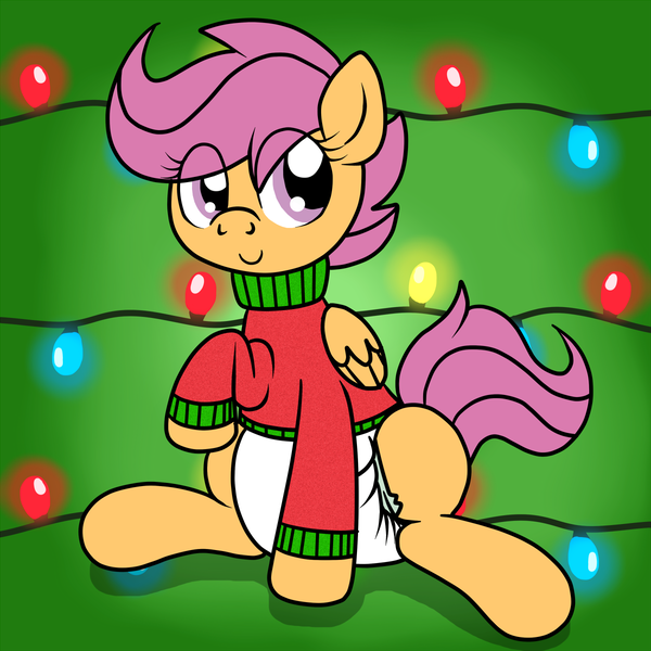 Size: 1200x1200 | Tagged: artist:fillyscoots42, ask crinkleloo, christmas, clothes, crinkleloo, cute, cutealoo, derpibooru import, diaper, diaper fetish, poofy diaper, questionable, scootaloo, solo, sweater