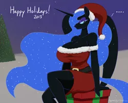 Size: 1280x1035 | Tagged: ..., anthro, artist:angelthecatgirl, ba-boing, big breasts, breasts, busty nightmare moon, christmas, christmas tree, cleavage, clothes, derpibooru import, dress, female, frown, glare, holiday, huge breasts, impossibly large breasts, looking at you, nightmare moon, sitting, solo, solo female, stupid sexy nightmare moon, suggestive, tree, unamused