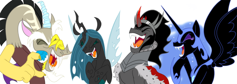 Size: 1200x427 | Tagged: safe, artist:mickeymonster, derpibooru import, discord, king sombra, nightmare moon, queen chrysalis, alicorn, draconequus, pony, unicorn, antagonist, eyes closed, fangs, female, laughing, male, mare, open mouth, simple background, stallion, tongue out, transparent background