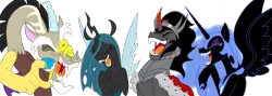 Size: 1200x427 | Tagged: safe, artist:mickeymonster, derpibooru import, discord, king sombra, nightmare moon, queen chrysalis, alicorn, draconequus, pony, unicorn, antagonist, eyes closed, fangs, female, laughing, male, mare, open mouth, simple background, stallion, tongue out, transparent background