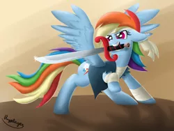 Size: 1600x1200 | Tagged: safe, artist:bugplayer, derpibooru import, rainbow dash, pegasus, pony, clothes, ear piercing, earring, female, floppy ears, jewelry, mare, mouth hold, piercing, pirate, pirate dash, solo, sword, vest, weapon