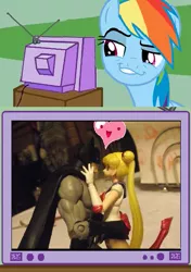 Size: 435x619 | Tagged: safe, derpibooru import, rainbow dash, batman, crackpot shipping, crack shipping, dreamworks face, exploitable meme, faic, female, male, meme, obligatory pony, sailor moon, smirk, smug, smugdash, straight, toy, tv meme