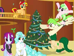 Size: 1280x960 | Tagged: safe, artist:violetclm, derpibooru import, cherry crash, drama letter, mystery mint, paisley, sunset shimmer, sweet leaf, twilight sparkle, watermelody, ponified, pony, equestria girls, background human, beret, blushing, christmas, christmas lights, christmas tree, clothes, equestria girls ponified, female, hat, hearth's warming, holly, holly mistaken for mistletoe, lesbian, reindeer antlers, rudolph nose, santa hat, scarf, shimmer six, tree