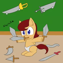 Size: 500x500 | Tagged: safe, artist:jake heritagu, derpibooru import, oc, oc:lightning blitz, unofficial characters only, pegasus, pony, baby, baby pony, bastard sword, blank flank, buster sword, colt, hoof hold, lightning blitz answers, male, mouth hold, offspring, parent:rain catcher, parent:scootaloo, parents:catcherloo, solo, sword, tumblr, weapon