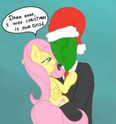 Size: 1399x1502 | Tagged: suggestive, artist:mostazathy, derpibooru import, fluttershy, oc, oc:anon, human, pony, blushing, female, flirting, flutterrape, flutterstalker, hat, hug, human fetish, human on pony action, male, santa hat, straight