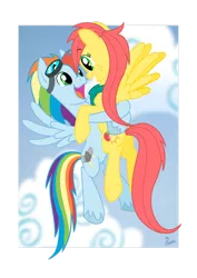 Size: 600x849 | Tagged: artist:thephoebster, derpibooru import, female, goggles, happy, hug, male, oc, oc:suncrisp, offspring, offspring shipping, parent:big macintosh, parent:fluttershy, parent:rainbow dash, parents:fluttermac, parent:soarin', parents:soarindash, safe, shipping, straight, unofficial characters only