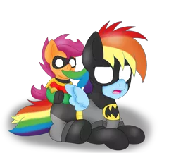 Size: 2300x2000 | Tagged: safe, artist:blackbewhite2k7, derpibooru import, rainbow dash, scootaloo, pony, baby, baby pony, baby scootaloo, batman, batman and robin, batmare, crossover, filly, parody, robin, simple background, textless, transparent background, vector, younger