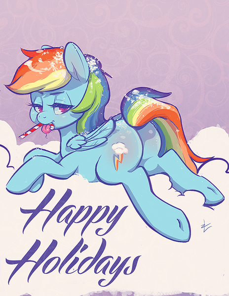 Size: 600x776 | Tagged: artist:lizombie, candy cane, christmas, cloud, derpibooru import, drool, female, food, mouth hold, plot, prone, rainbow dash, solo, solo female, suggestive