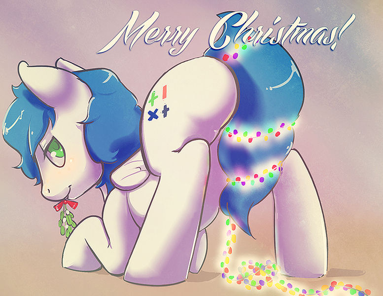 Size: 800x618 | Tagged: suggestive, artist:lizombie, derpibooru import, oc, oc:math millien, unofficial characters only, pegasus, pony, christmas, christmas lights, male, mistletoe, plot, solo, solo male