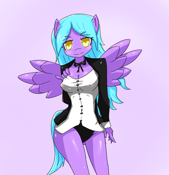 Size: 908x938 | Tagged: anthro, anthro oc, artist needed, breasts, clothes, derpibooru import, erect nipples, female, nipple outline, oc, oc:ishizko, panties, pegasus, questionable, see-through, solo, solo female, tuxedo, underwear, unofficial characters only