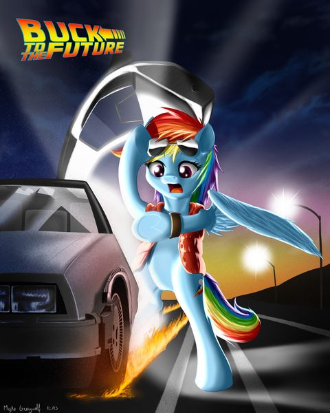 Size: 2400x3000 | Tagged: safe, artist:mykegreywolf, derpibooru import, rainbow dash, pegasus, pony, back to the future, bipedal, clothes, crossover, delorean, female, fire, mare, open mouth, road, signature, solo, sunglasses, text, underhoof, vest, watch