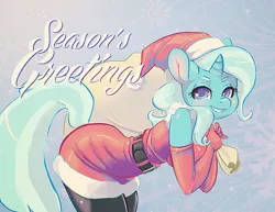 Size: 800x618 | Tagged: safe, artist:lizombie, derpibooru import, trixie, anthro, unicorn, bag, christmas, clothes, evening gloves, female, hat, looking at you, santa costume, santa hat, smiling, solo, stockings