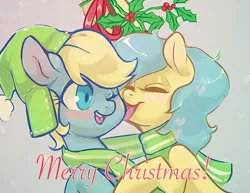 Size: 800x618 | Tagged: artist:lizombie, blushing, clothes, derpibooru import, female, holly, holly mistaken for mistletoe, lesbian, licking, oc, scarf, shared clothing, shared scarf, shipping, suggestive, unofficial characters only