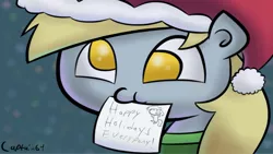 Size: 1191x670 | Tagged: dead source, safe, artist:captain64, derpibooru import, derpy hooves, pegasus, pony, christmas, female, hat, letter, mare, mouth hold, santa hat, solo