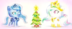 Size: 900x364 | Tagged: safe, artist:flutterluv, derpibooru import, princess celestia, princess luna, alicorn, pony, chibi, christmas, christmas tree, duo, magic, royal sisters, smiling, traditional art, tree