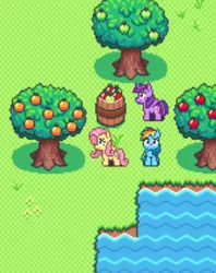 Size: 305x386 | Tagged: apple, artist:ponett, buckets, derpibooru import, fluttershy, lake, orange, rainbow dash, safe, super lesbian horse rpg, sweet apple acres, twilight sparkle