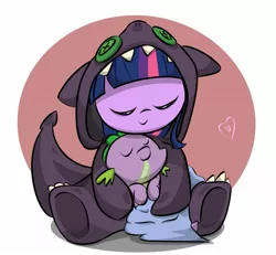 Size: 1661x1536 | Tagged: safe, artist:melodenesa, derpibooru import, spike, twilight sparkle, dragon, baby, baby dragon, baby spike, blanket, button, button eyes, clothes, costume, cute, eyes closed, female, filly, filly twilight sparkle, hug, male, mama twilight, spikabetes, spikelove, twiabetes, weapons-grade cute, younger